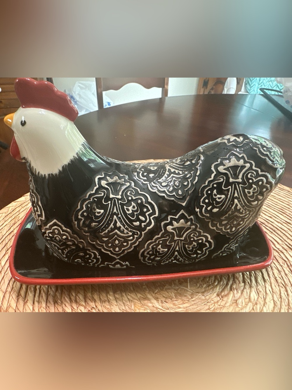 VTG Cracker Barrel Rooster/Chicken Butter Dish Susan Winget-8.25" (cosas11)
